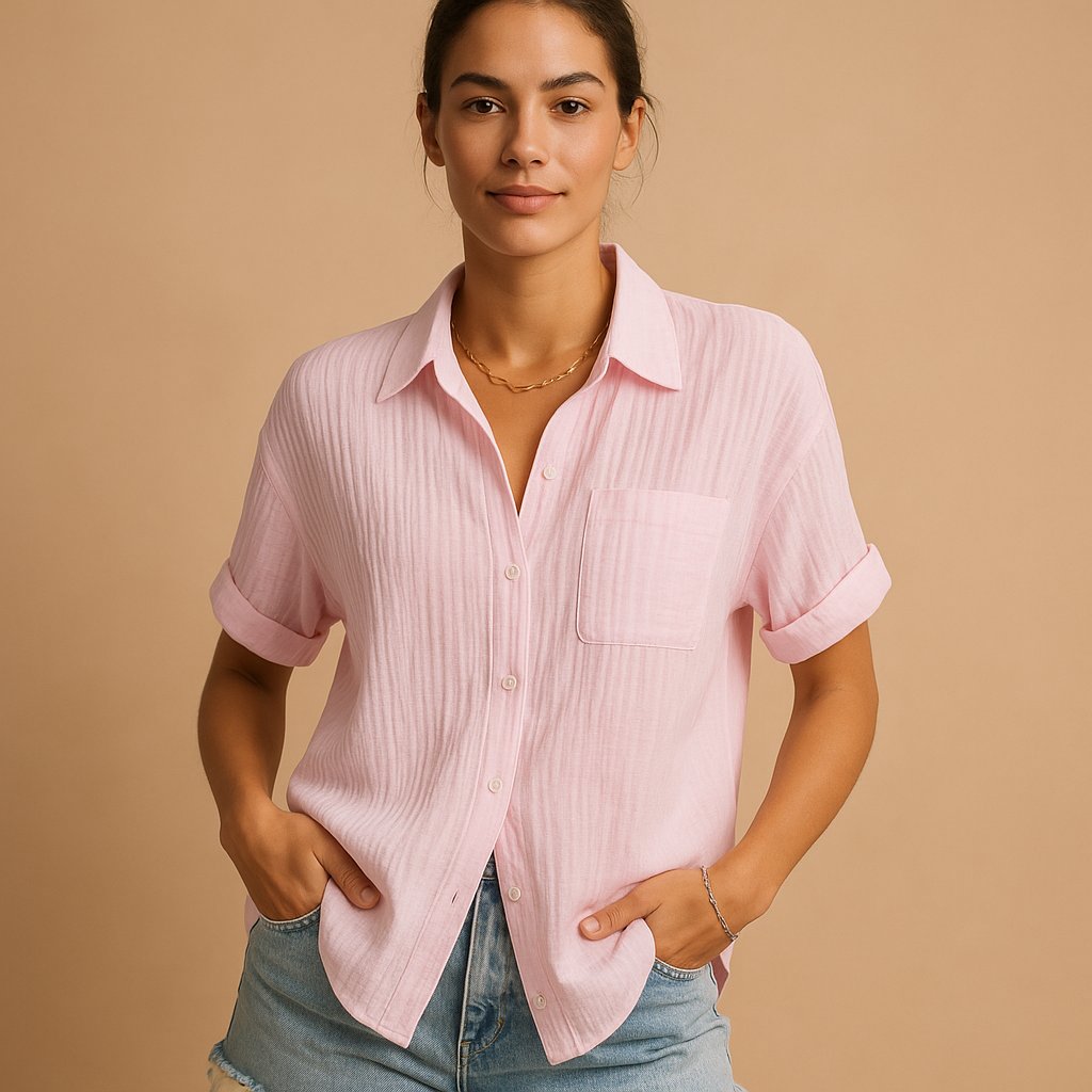 Josefine | Dame Linen-Look Kortærmet Casual Skjorte med Brystlomme