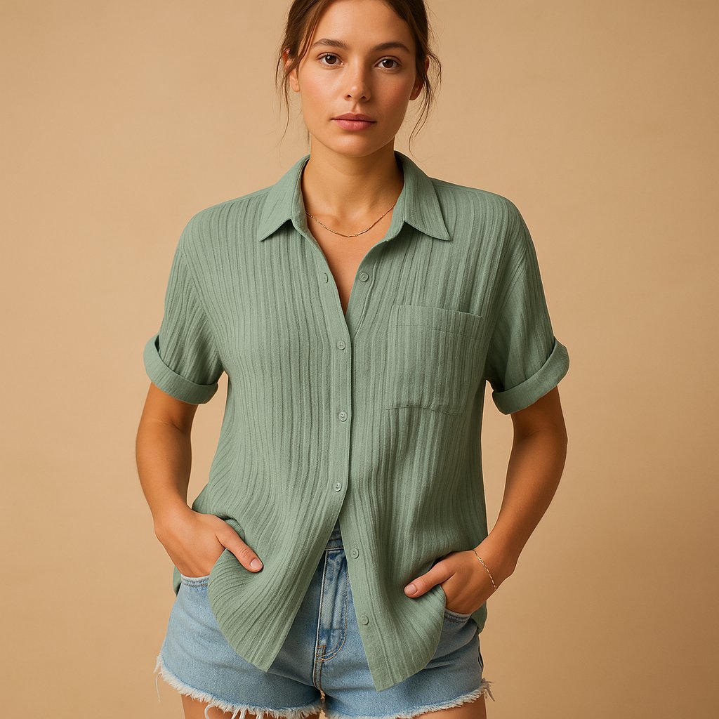 Josefine | Dame Linen-Look Kortærmet Casual Skjorte med Brystlomme