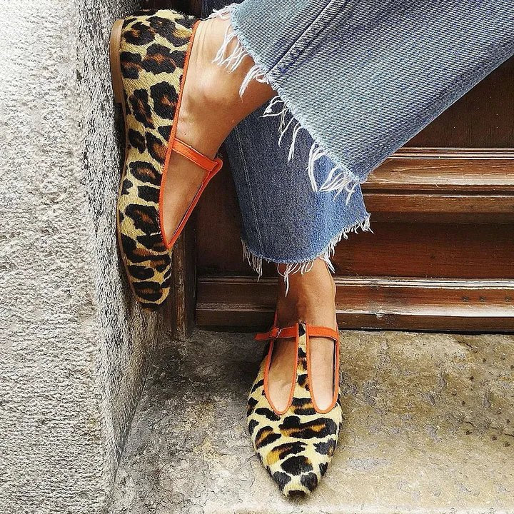 Nora | Dame Linen-Look Leopardprint T-rem Spidse Flade Sko