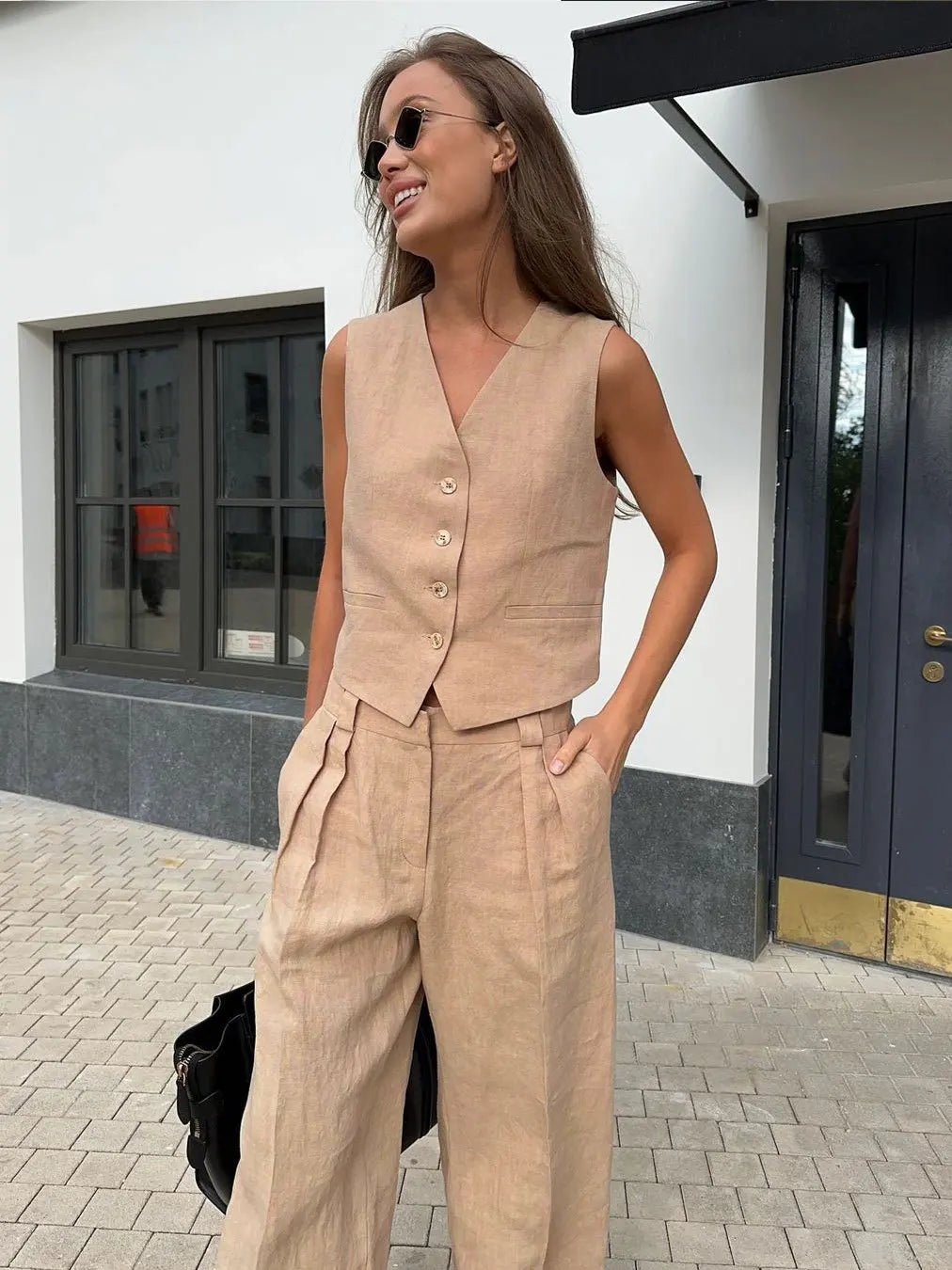 Laura | Dame Linen Vest Bukser Todelt Sæt