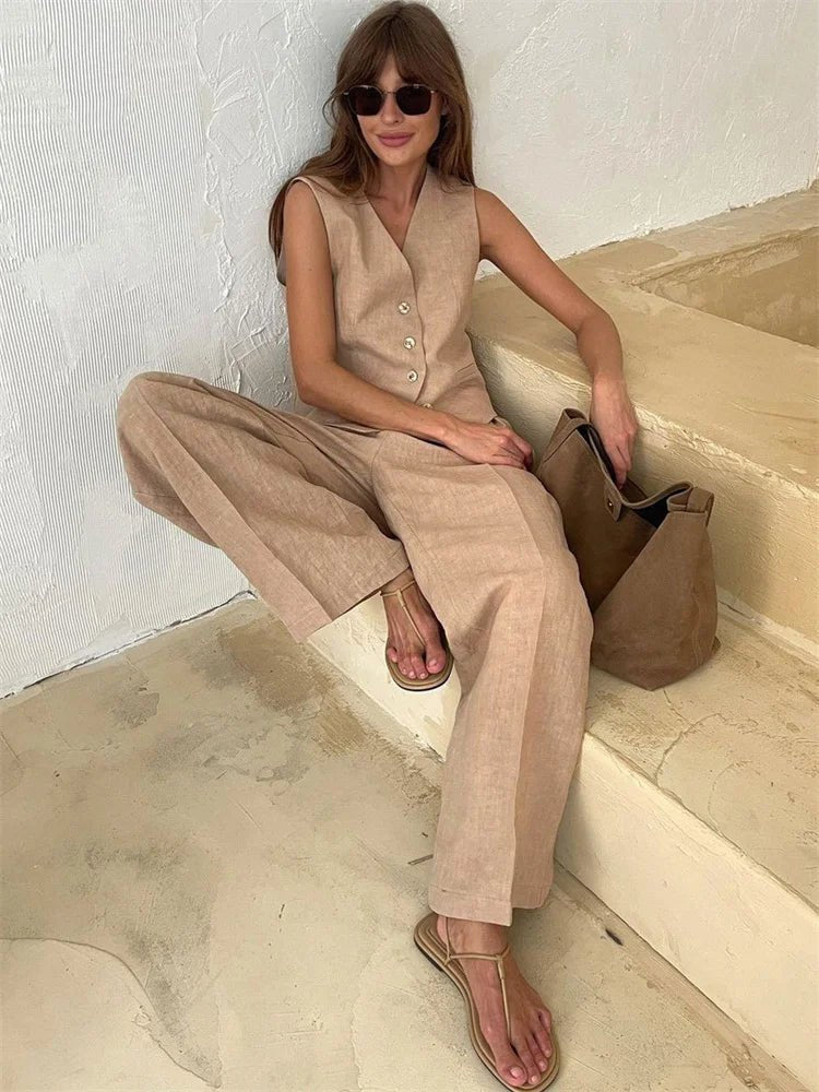 Laura | Dame Linen Vest Bukser Todelt Sæt