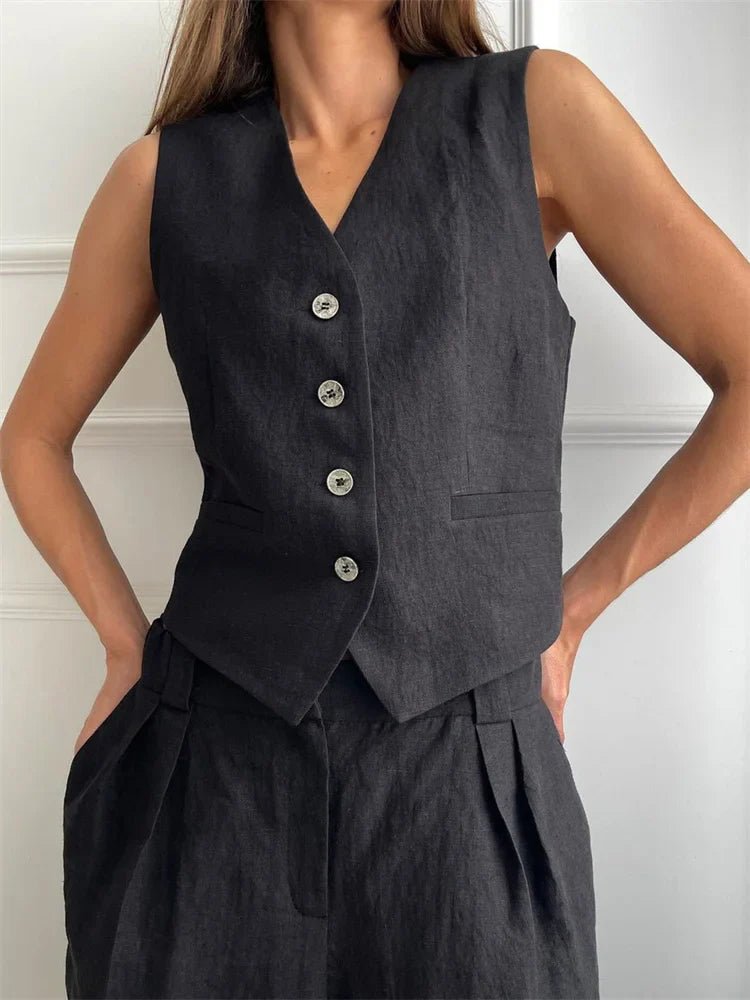 Laura | Dame Linen Vest Bukser Todelt Sæt