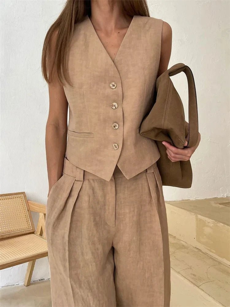 Laura | Dame Linen Vest Bukser Todelt Sæt
