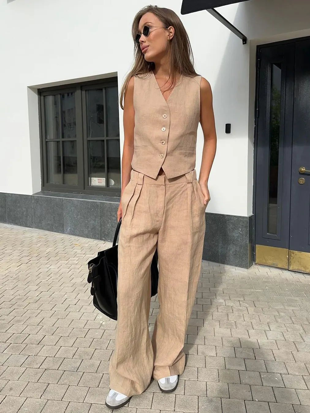 Laura | Dame Linen Vest Bukser Todelt Sæt