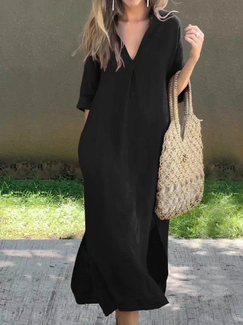 Josefine | Dame Maxi Sommerkjole V-hals Afslappet Linned-look