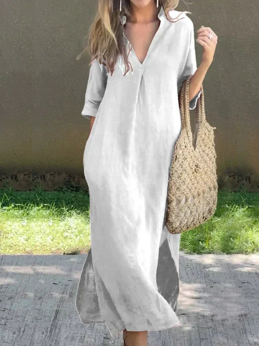 Josefine | Dame Maxi Sommerkjole V-hals Afslappet Linned-look