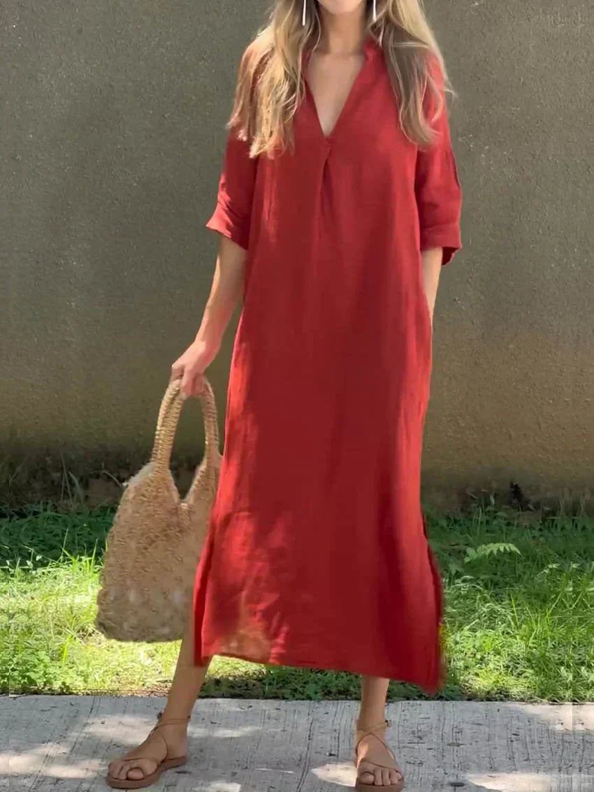Josefine | Dame Maxi Sommerkjole V-hals Afslappet Linned-look