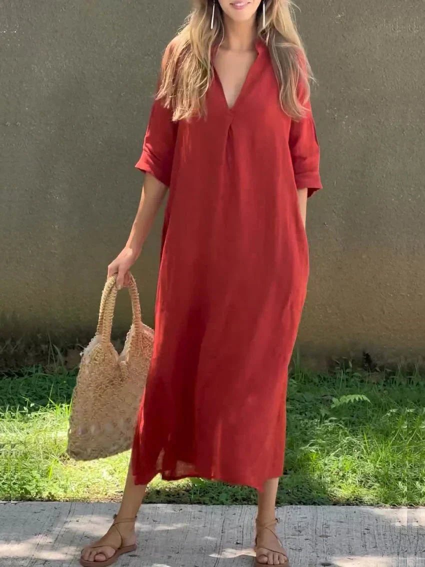Josefine | Dame Maxi Sommerkjole V-hals Afslappet Linned-look
