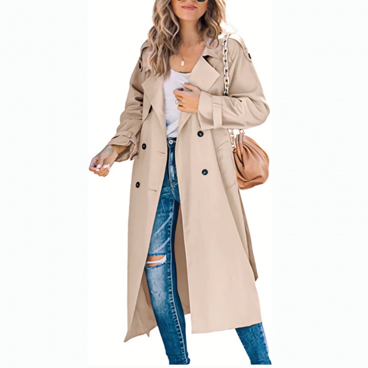 Olivia | Dame Oversized Dobbeltknappet Trench Coat Bæltet Talje