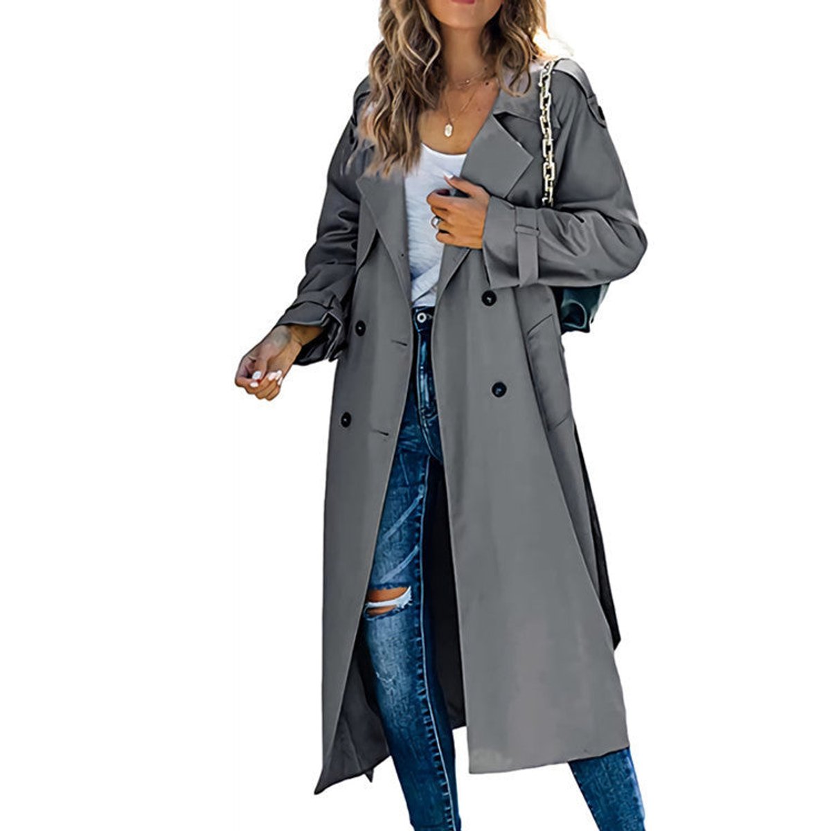 Olivia | Dame Oversized Dobbeltknappet Trench Coat Bæltet Talje