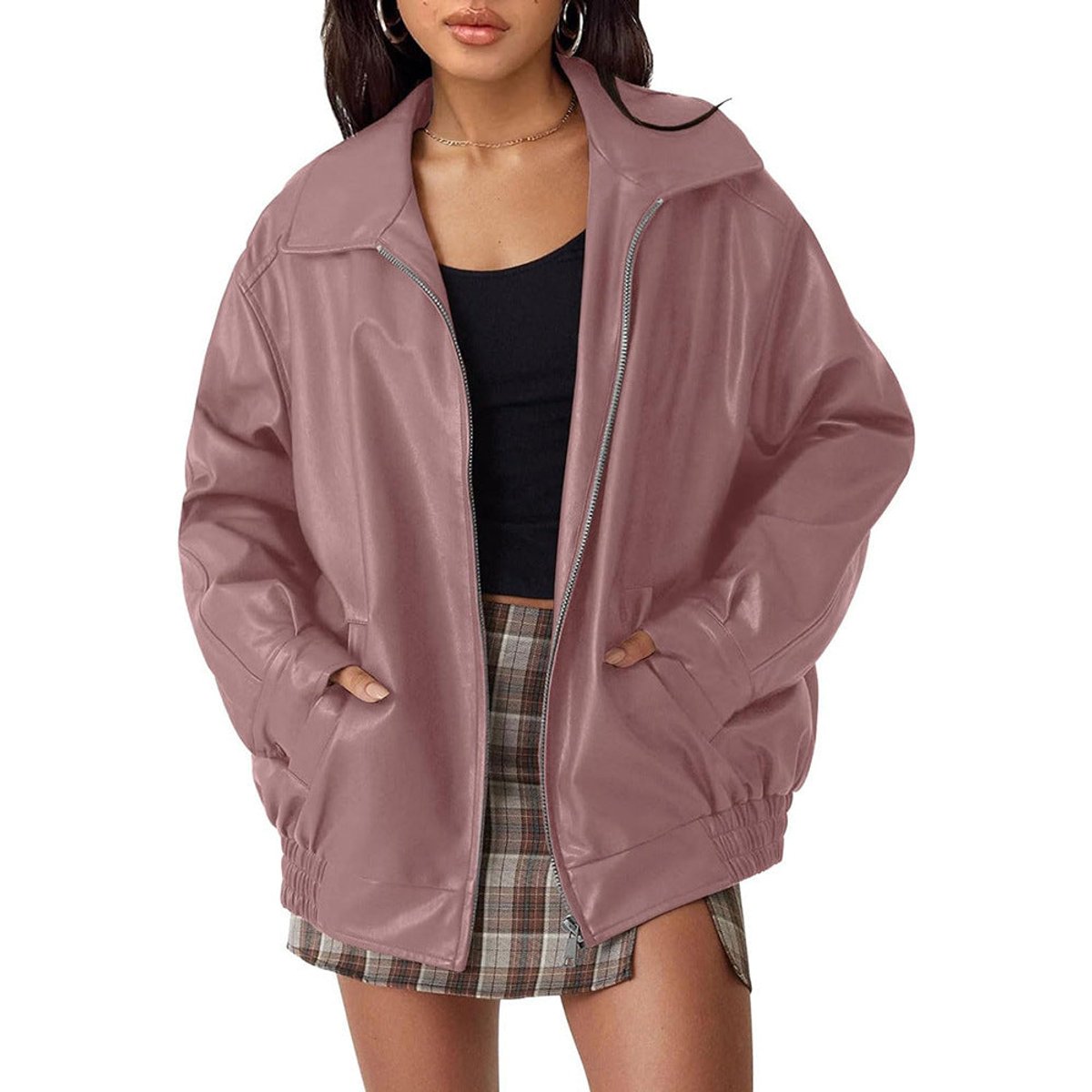 Liv | Dame Oversized Faux Leather Jacket Lynlås Bomber