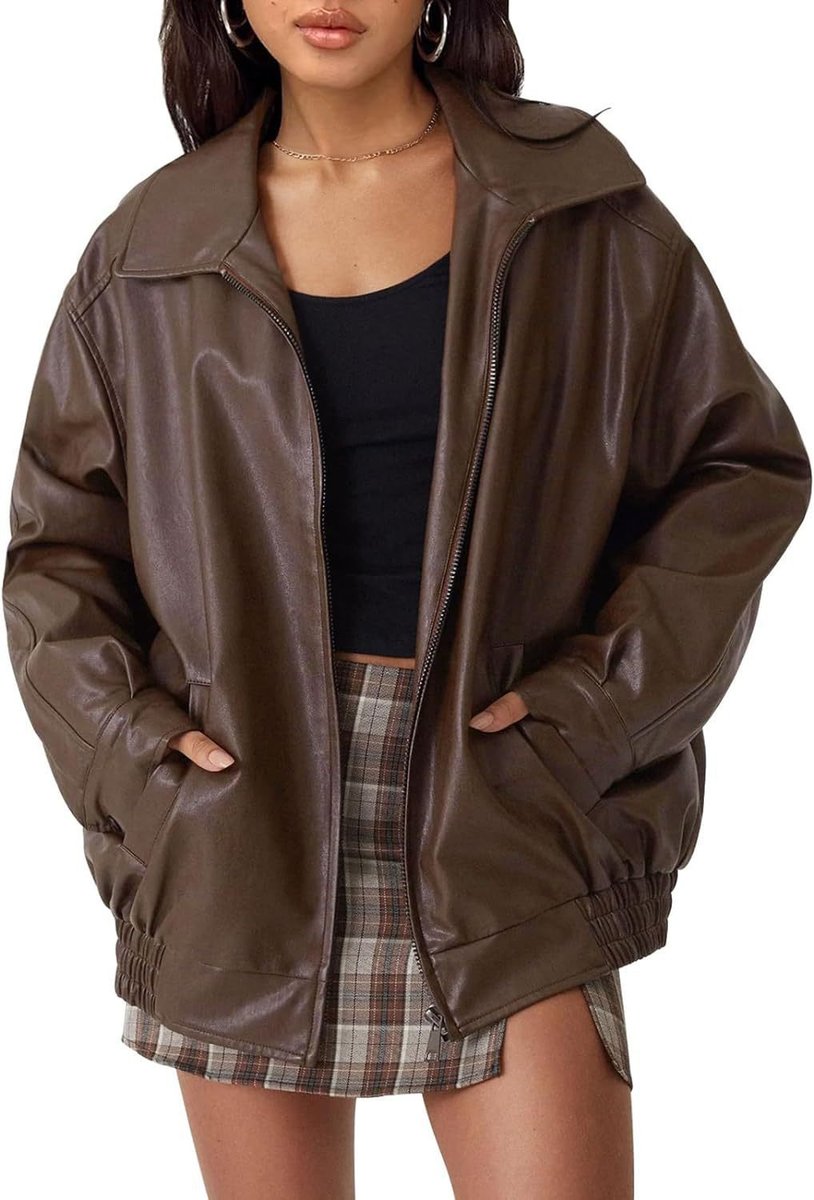 Liv | Dame Oversized Faux Leather Jacket Lynlås Bomber