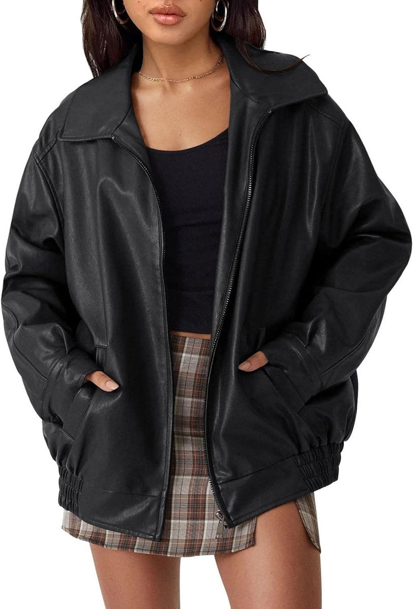 Liv | Dame Oversized Faux Leather Jacket Lynlås Bomber
