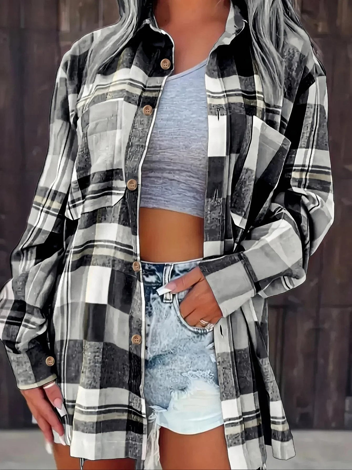 Ida | Dame Oversized Ternet Flannel Langærmet Skjorte