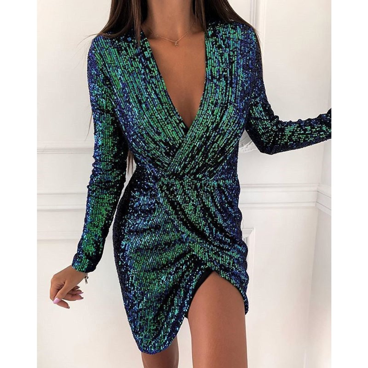 Liv | Dame Paillette Cocktail Kjole Dyb V-hals Langærmet Bodycon
