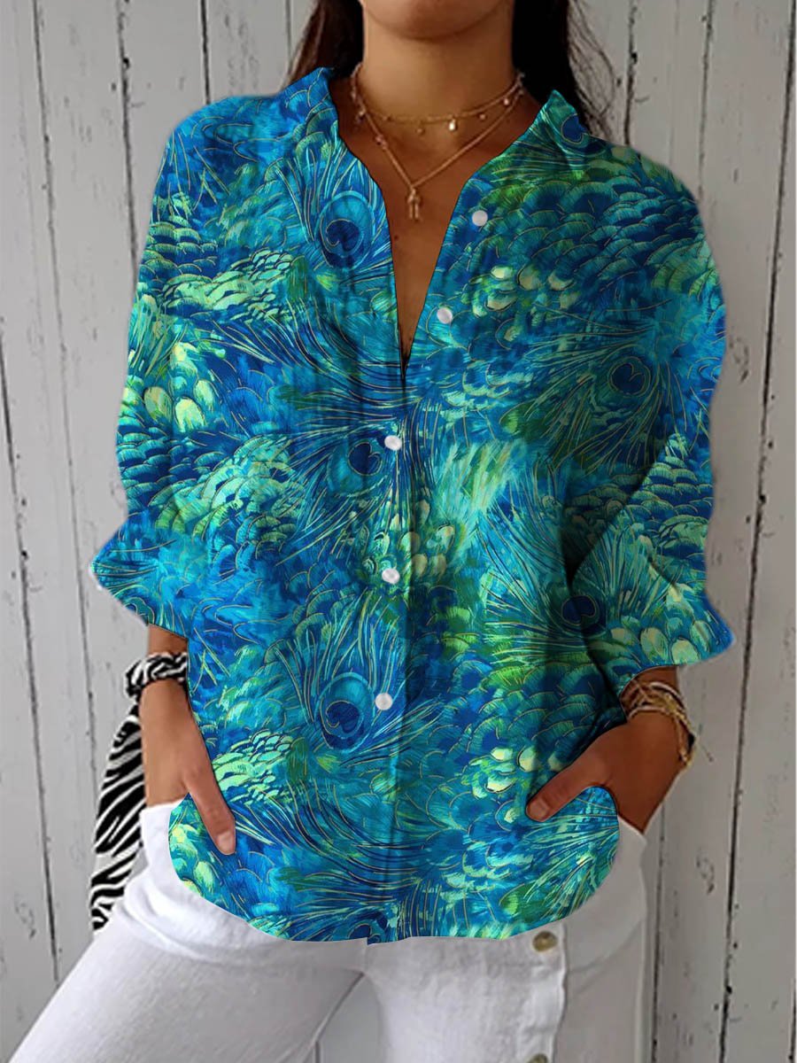 Lea | Dame Peacock-Print Knap-Front Bluse