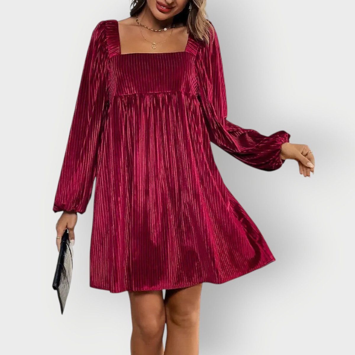 Isabella | Dame Plisseret Fløjl Festkjole Firkantet Udskæring Langærmet
