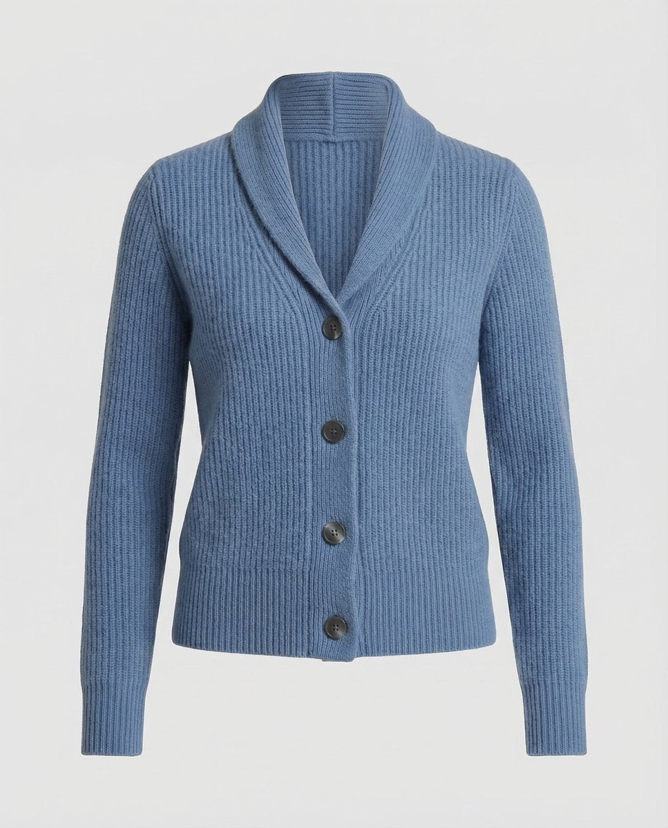 Laura | Dame Ribstrikket Cardigan med Revers og Knaplukning