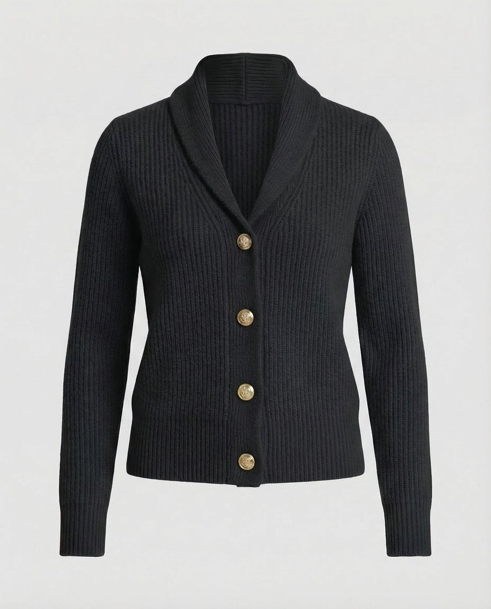 Laura | Dame Ribstrikket Cardigan med Revers og Knaplukning