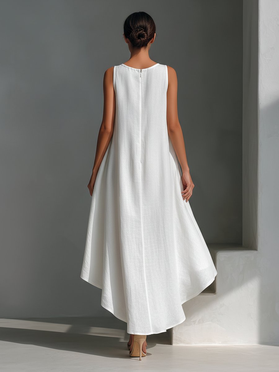 Lea | Dame Ærmeløs Asymmetrisk Linned Midi Kjole Rund Hals