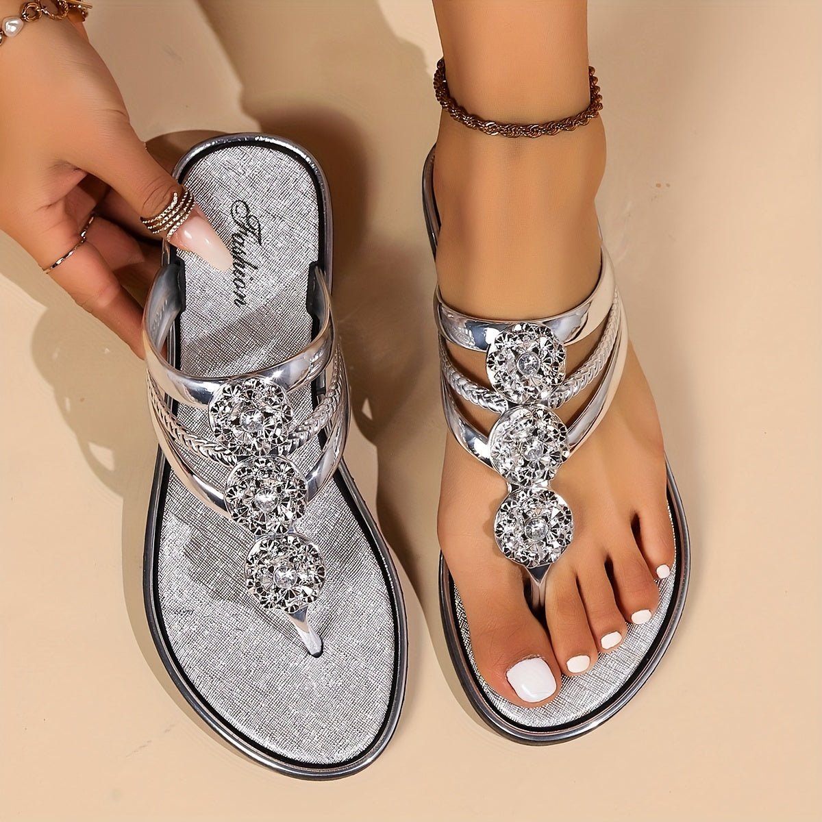 Maja | Dame Sandaler T-rem Rhinestone Flad Slip-On Sommer