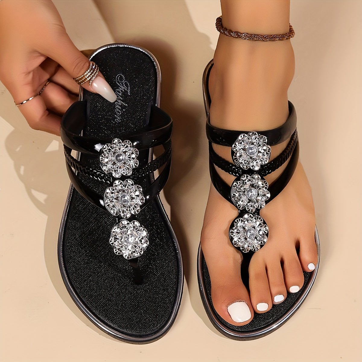 Maja | Dame Sandaler T-rem Rhinestone Flad Slip-On Sommer