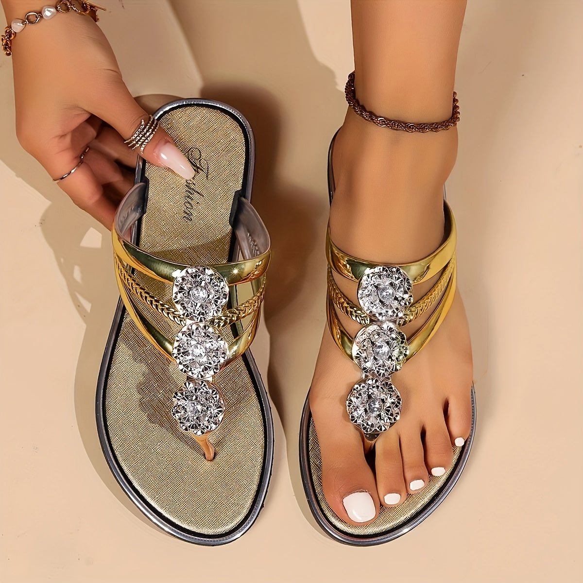 Maja | Dame Sandaler T-rem Rhinestone Flad Slip-On Sommer