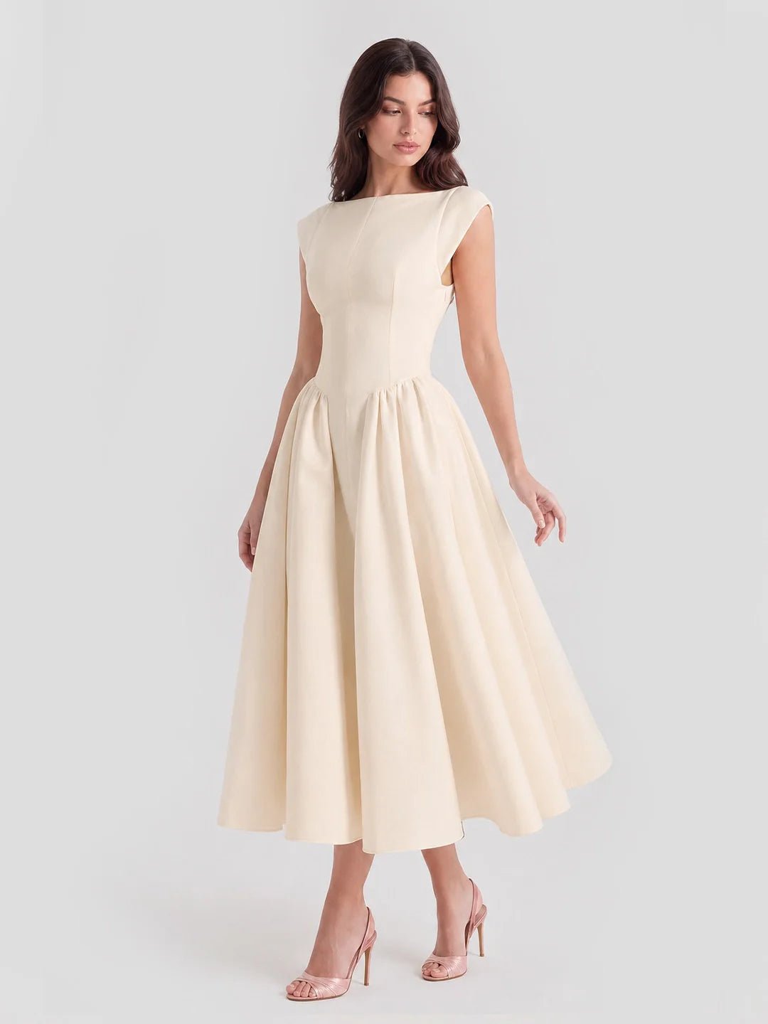 Ida | Dame Satin Midi Kjole Bådhals Korte Ærmer