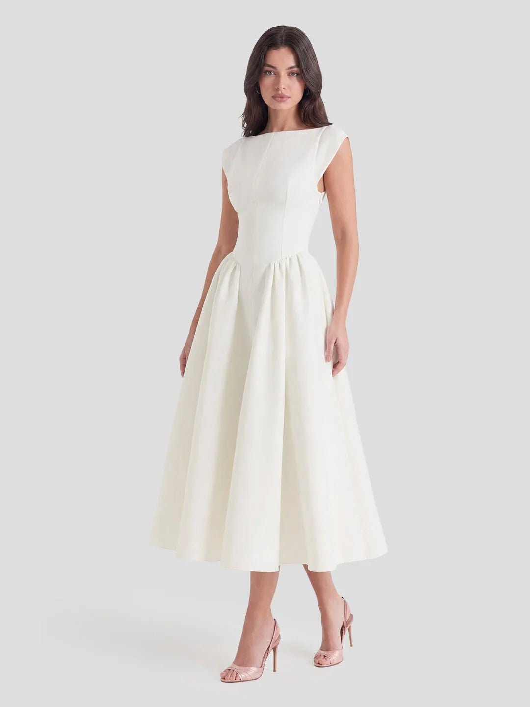 Ida | Dame Satin Midi Kjole Bådhals Korte Ærmer