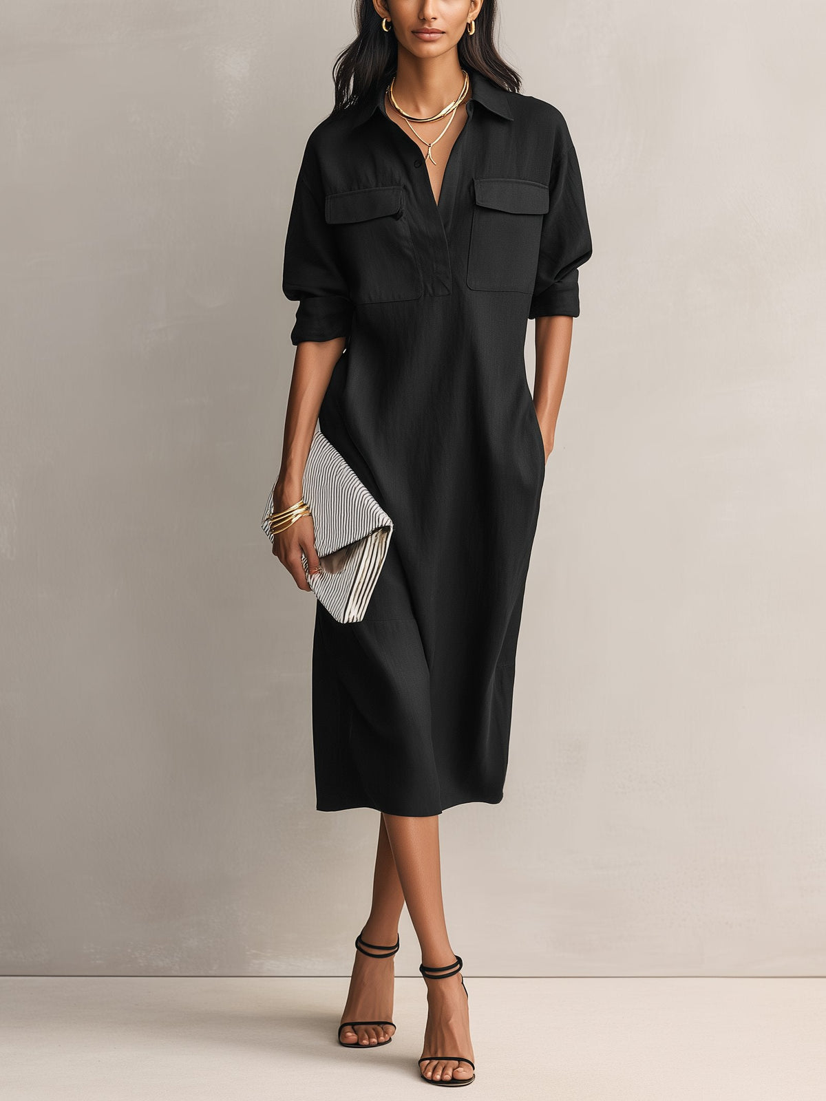 Olivia | Dame Sort Skjortekjole Midi Lommer V-Hals Linned