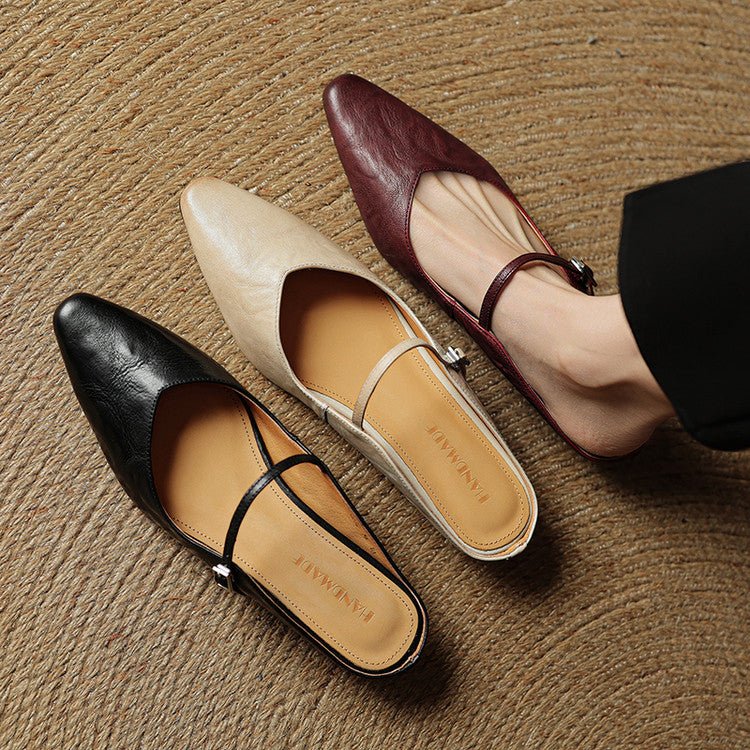 Alma | Dame Spidsnet Læder Mary Jane Mules Flade Slip-On Sko