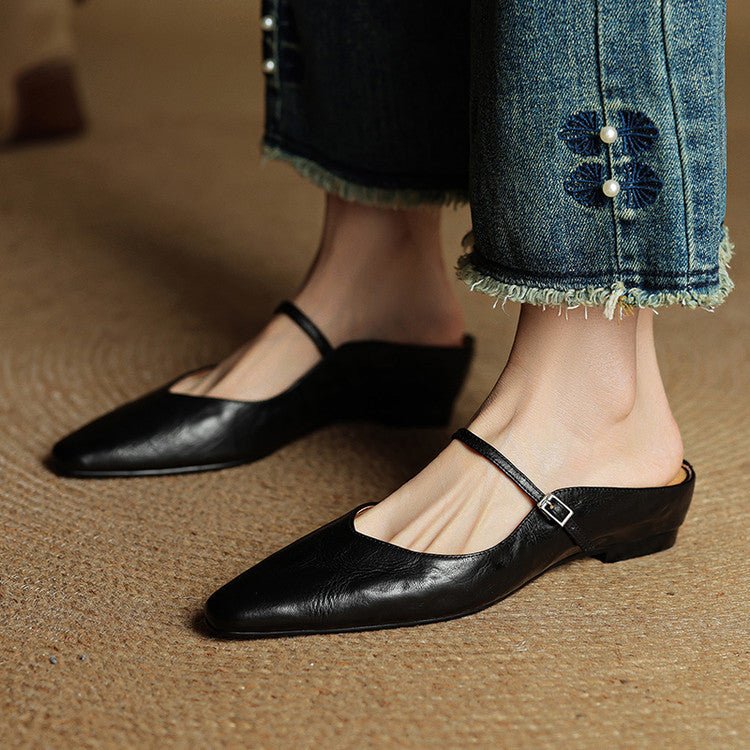 Alma | Dame Spidsnet Læder Mary Jane Mules Flade Slip-On Sko