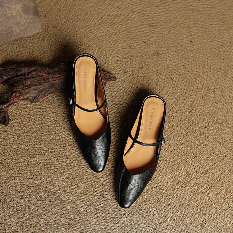 Alma | Dame Spidsnet Læder Mary Jane Mules Flade Slip-On Sko