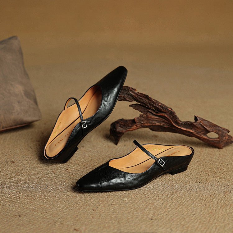Alma | Dame Spidsnet Læder Mary Jane Mules Flade Slip-On Sko