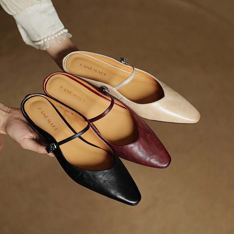 Alma | Dame Spidsnet Læder Mary Jane Mules Flade Slip-On Sko