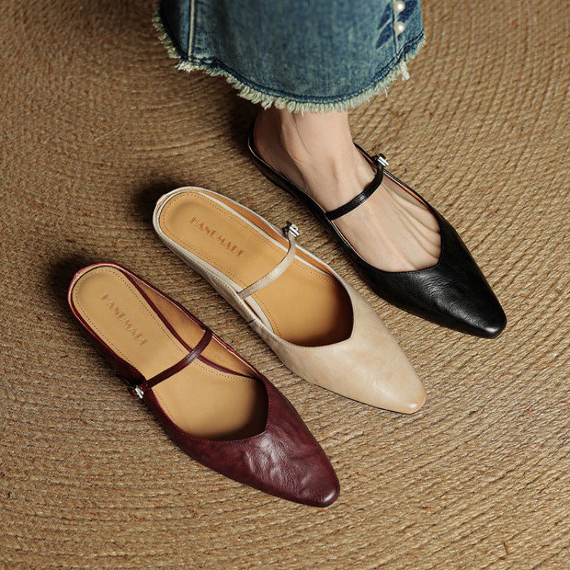 Alma | Dame Spidsnet Læder Mary Jane Mules Flade Slip-On Sko