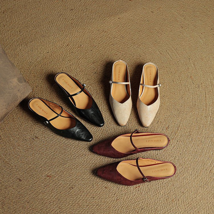 Alma | Dame Spidsnet Læder Mary Jane Mules Flade Slip-On Sko
