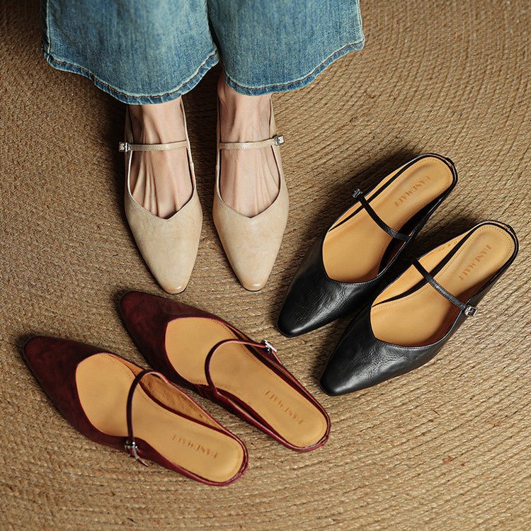 Alma | Dame Spidsnet Læder Mary Jane Mules Flade Slip-On Sko