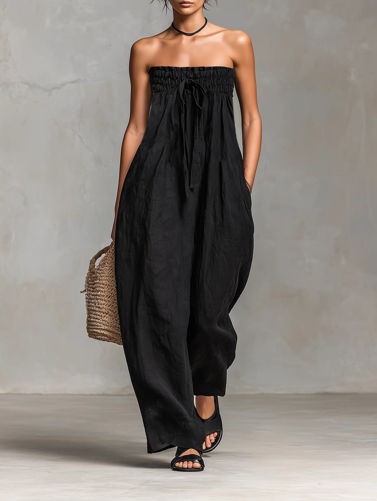 Alma | Dame Stropløs Linen Bred-Ben Jumpsuit