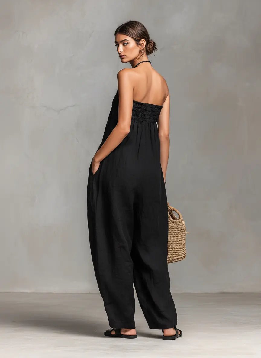 Alma | Dame Stropløs Linen Bred-Ben Jumpsuit