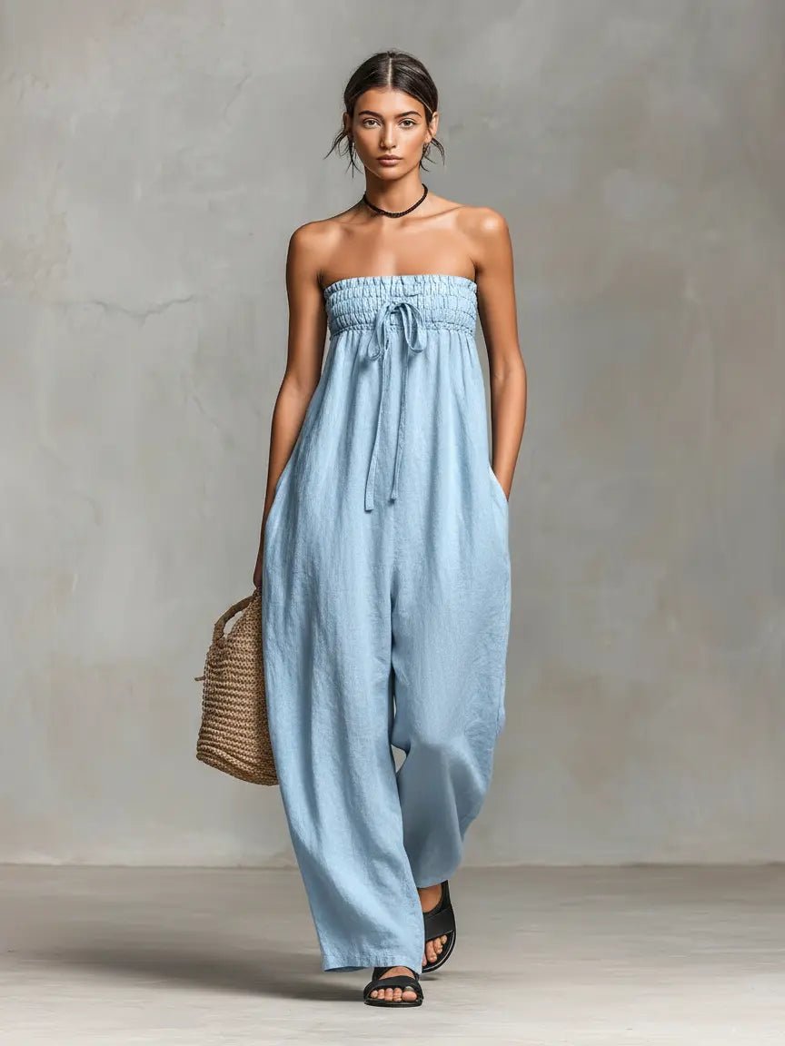 Alma | Dame Stropløs Linen Bred-Ben Jumpsuit