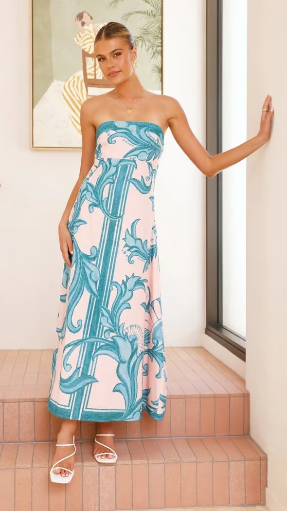 Nora | Dame Stropløs Vintage-Printet Maxi Rørkjole