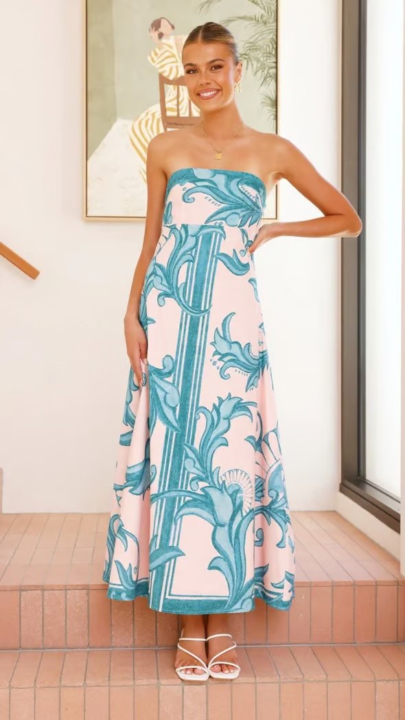 Nora | Dame Stropløs Vintage-Printet Maxi Rørkjole