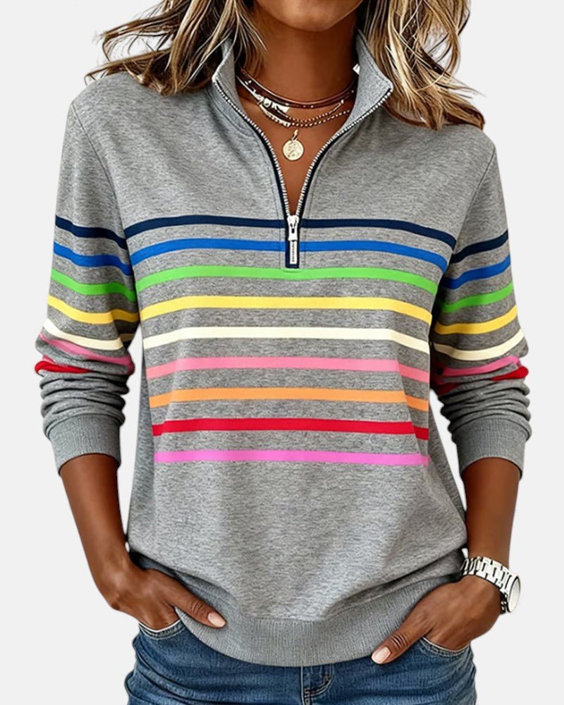 Nora | Dame Sweatshirt Regnbue Stribet Lynlås