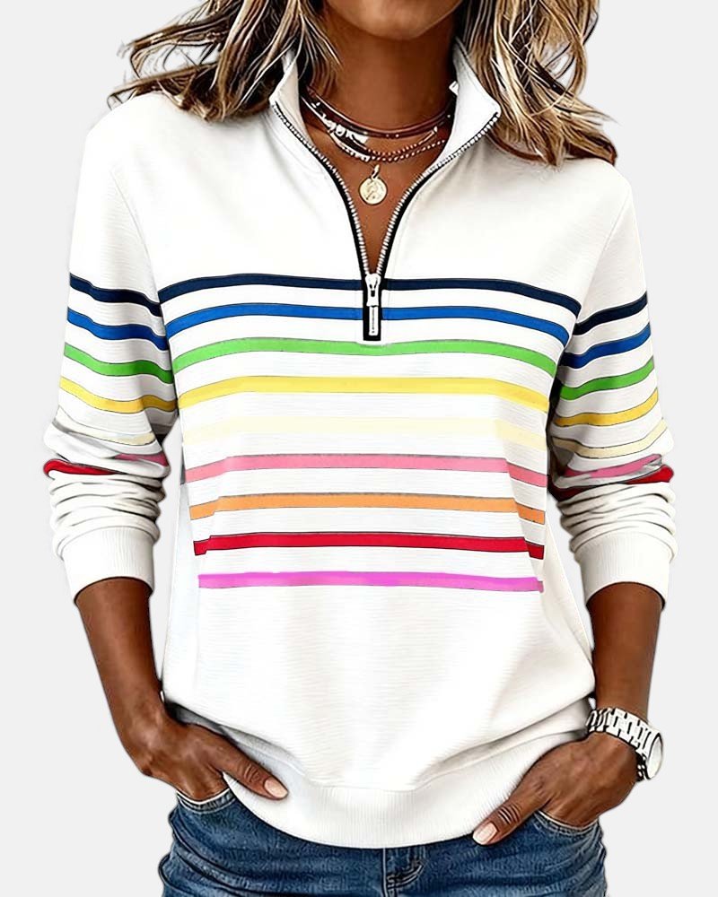 Nora | Dame Sweatshirt Regnbue Stribet Lynlås