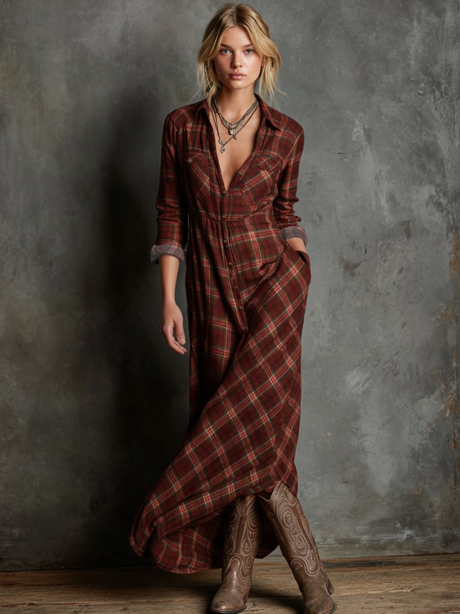 Liv | Dame Ternet Flannel Maxi Formal Dress Skjortekjole
