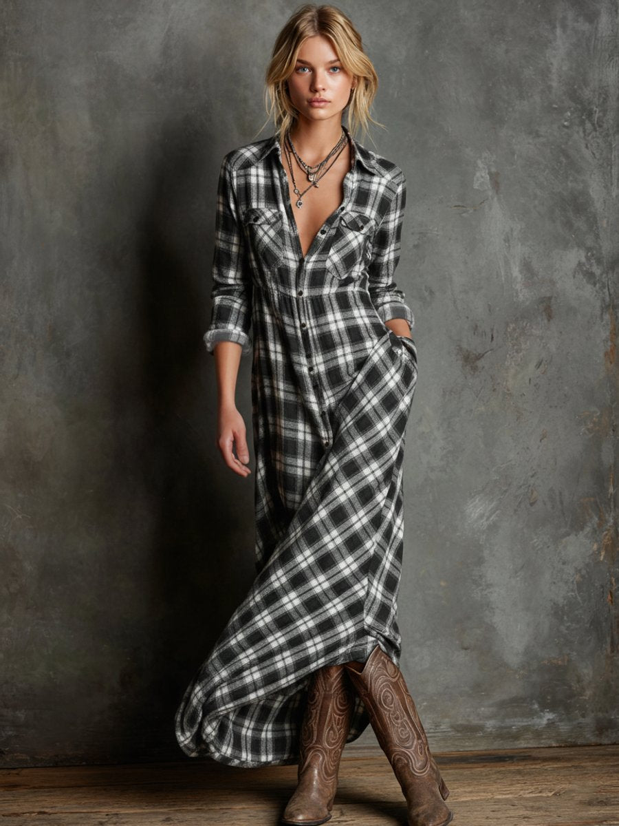 Liv | Dame Ternet Flannel Maxi Formal Dress Skjortekjole