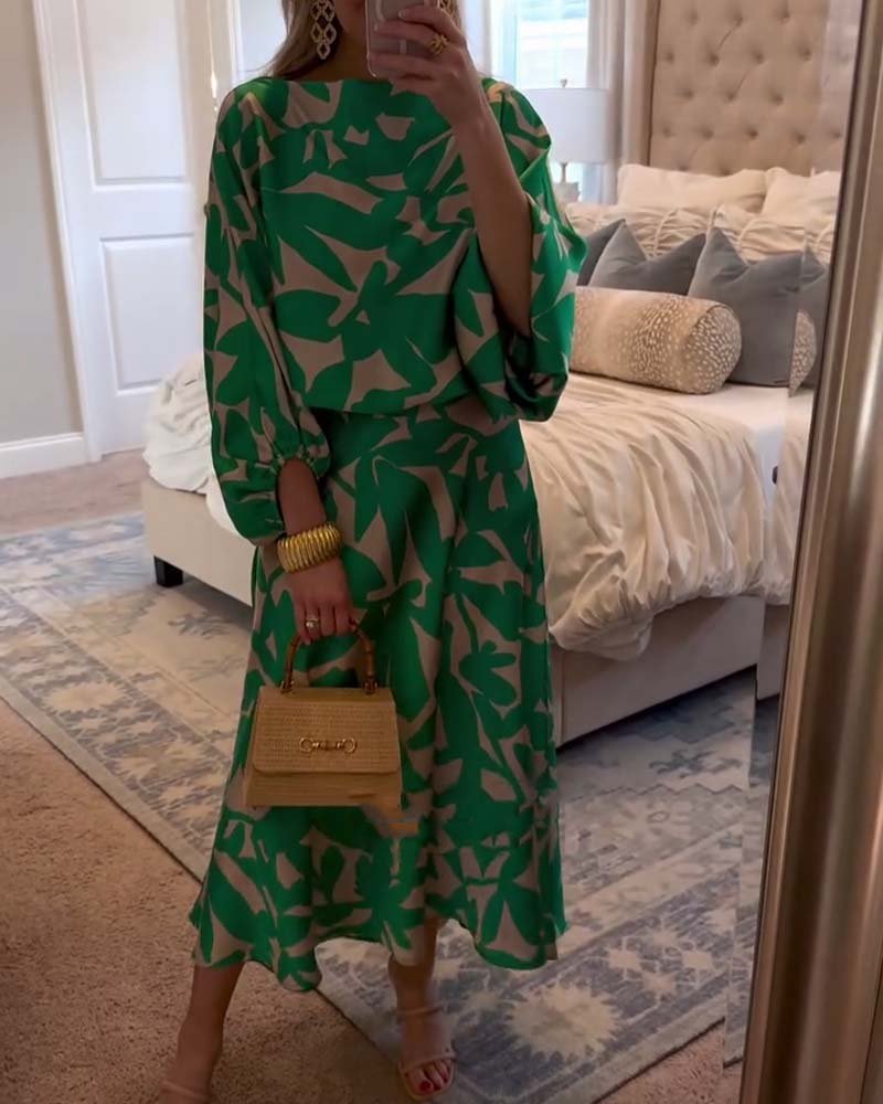 Emma | Dame Todelt Sæt med Ballonærmer og Botanisk Print