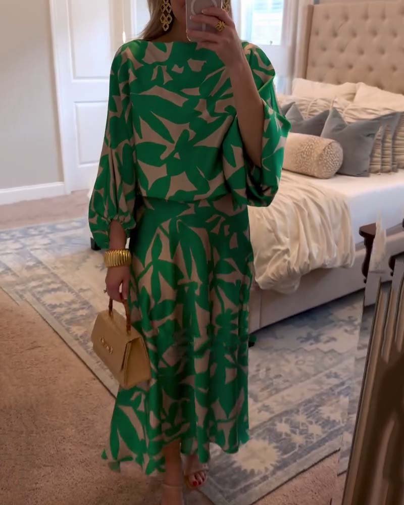 Emma | Dame Todelt Sæt med Ballonærmer og Botanisk Print