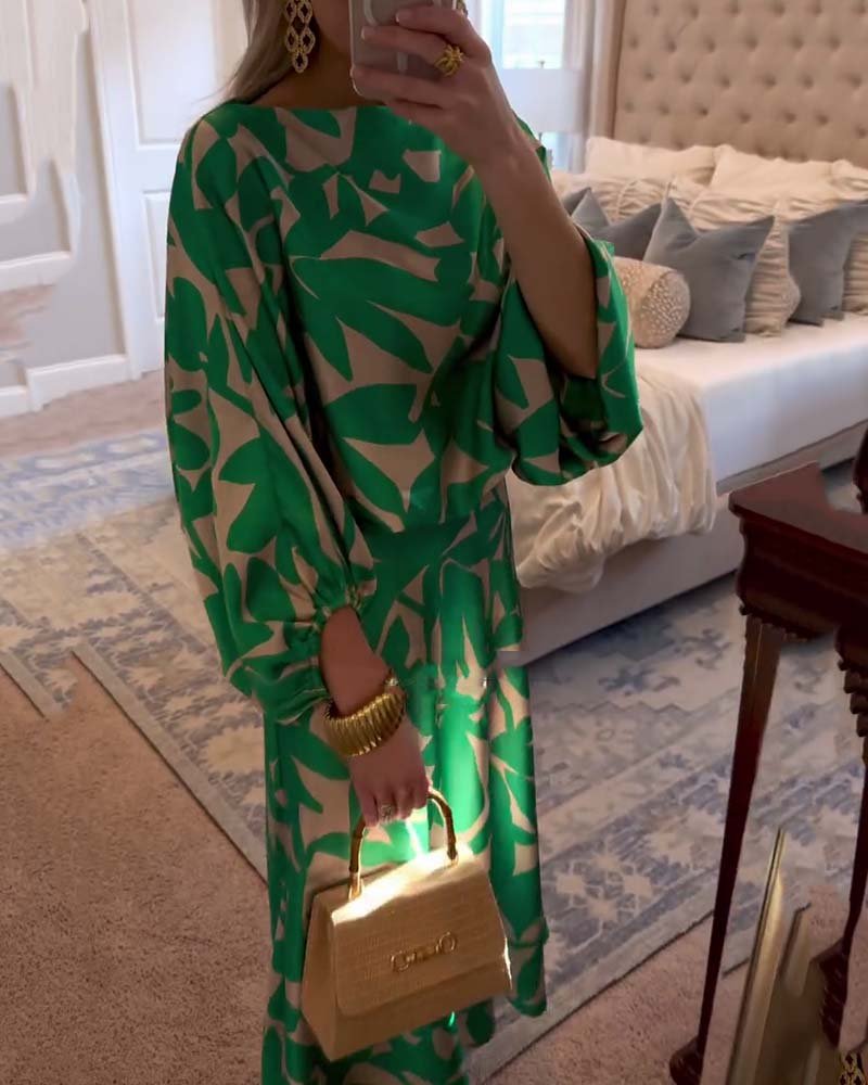 Emma | Dame Todelt Sæt med Ballonærmer og Botanisk Print